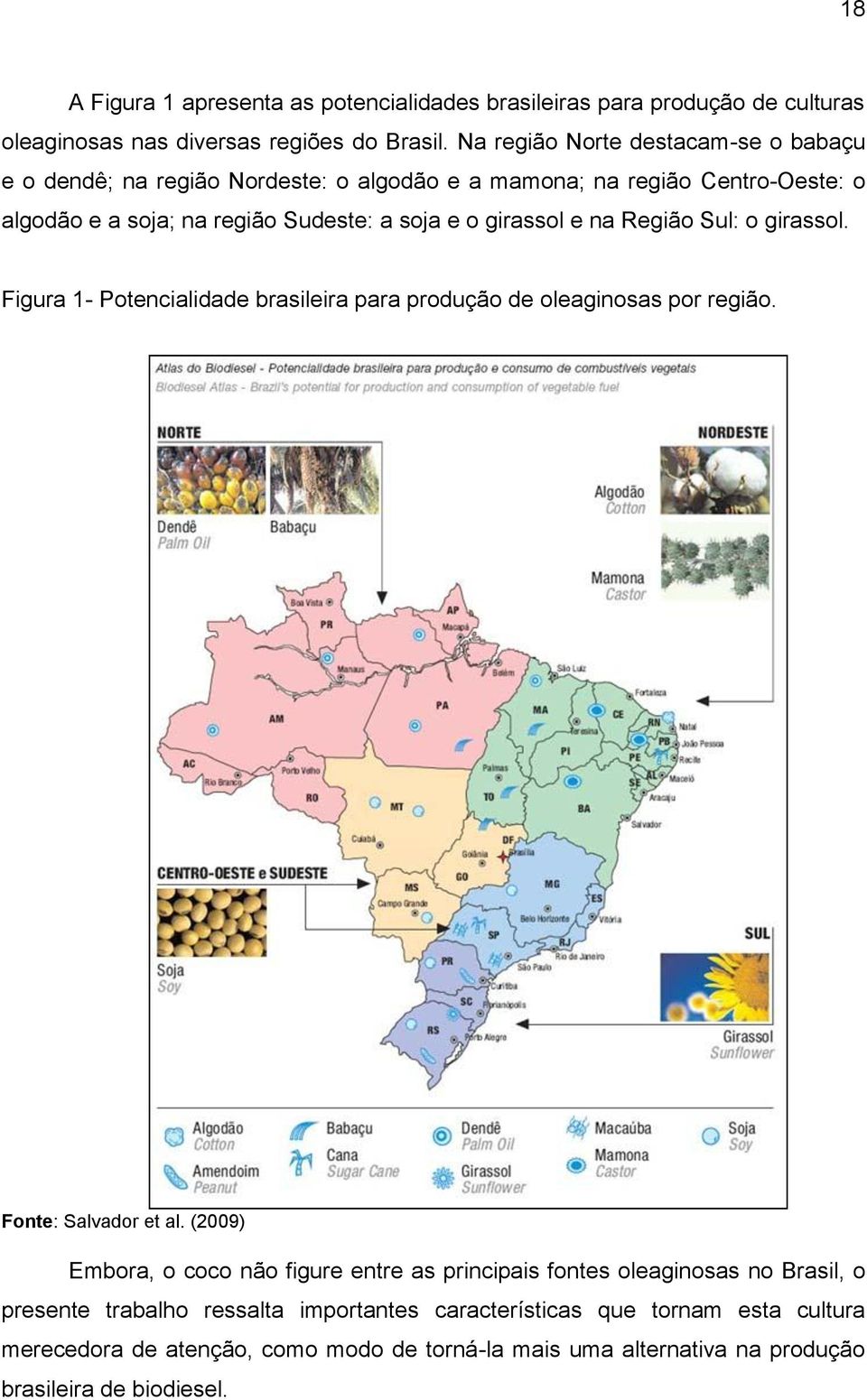 e na Região Sul: o girassol. Figura 1- Potencialidade brasileira para produção de oleaginosas por região. Fonte: Salvador et al.