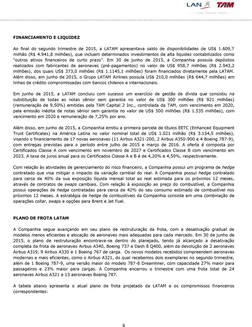 Em 30 de junho de 2015, a Companhia possuía depósitos realizados com fabricantes de aeronaves (pré-pagamentos) no valor de US$ 958,7 milhões (R$ 2.943,2 milhões), dos quais US$ 373,0 milhões (R$ 1.