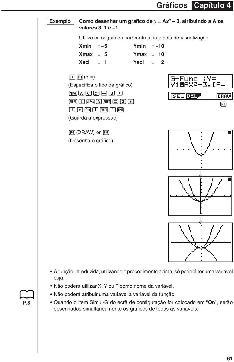 =d, b,-b!]w (Guarda a expressão) 1 2 3 4 4(DRAW) or w (Desenha o gráfico) P.8 A função introduzida, utilizando o procedimento acima, só poderá ter uma variável cuja.