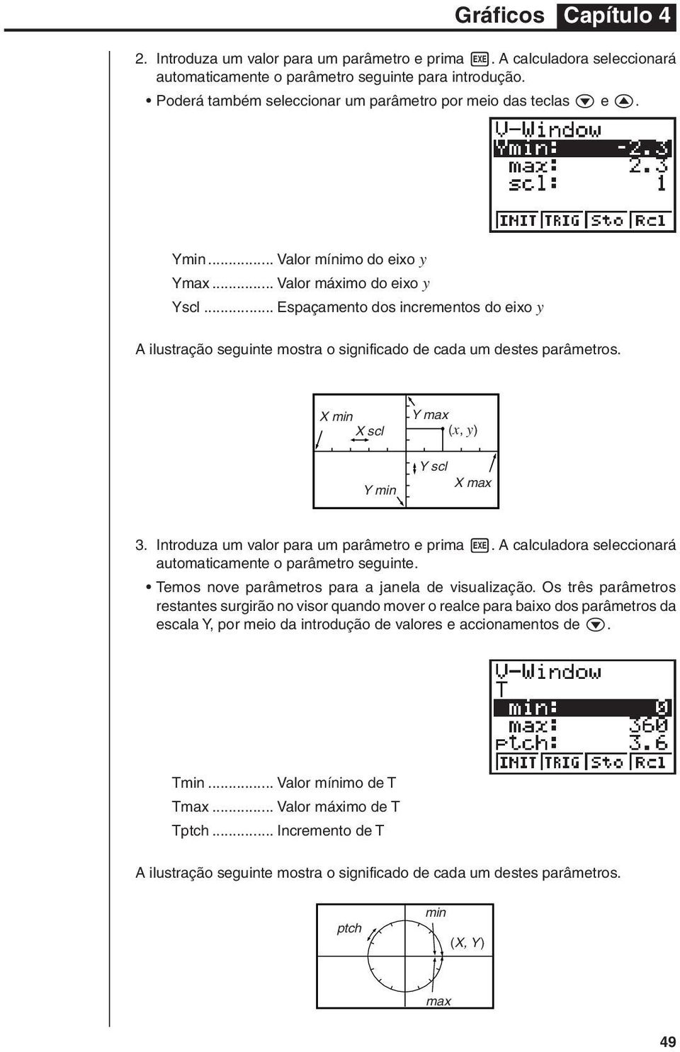 .. Espaçamento dos incrementos do eixo y A ilustração seguinte mostra o significado de cada um destes parâmetros. X min X scl Y min Y max (x, y) Y scl X max 3.