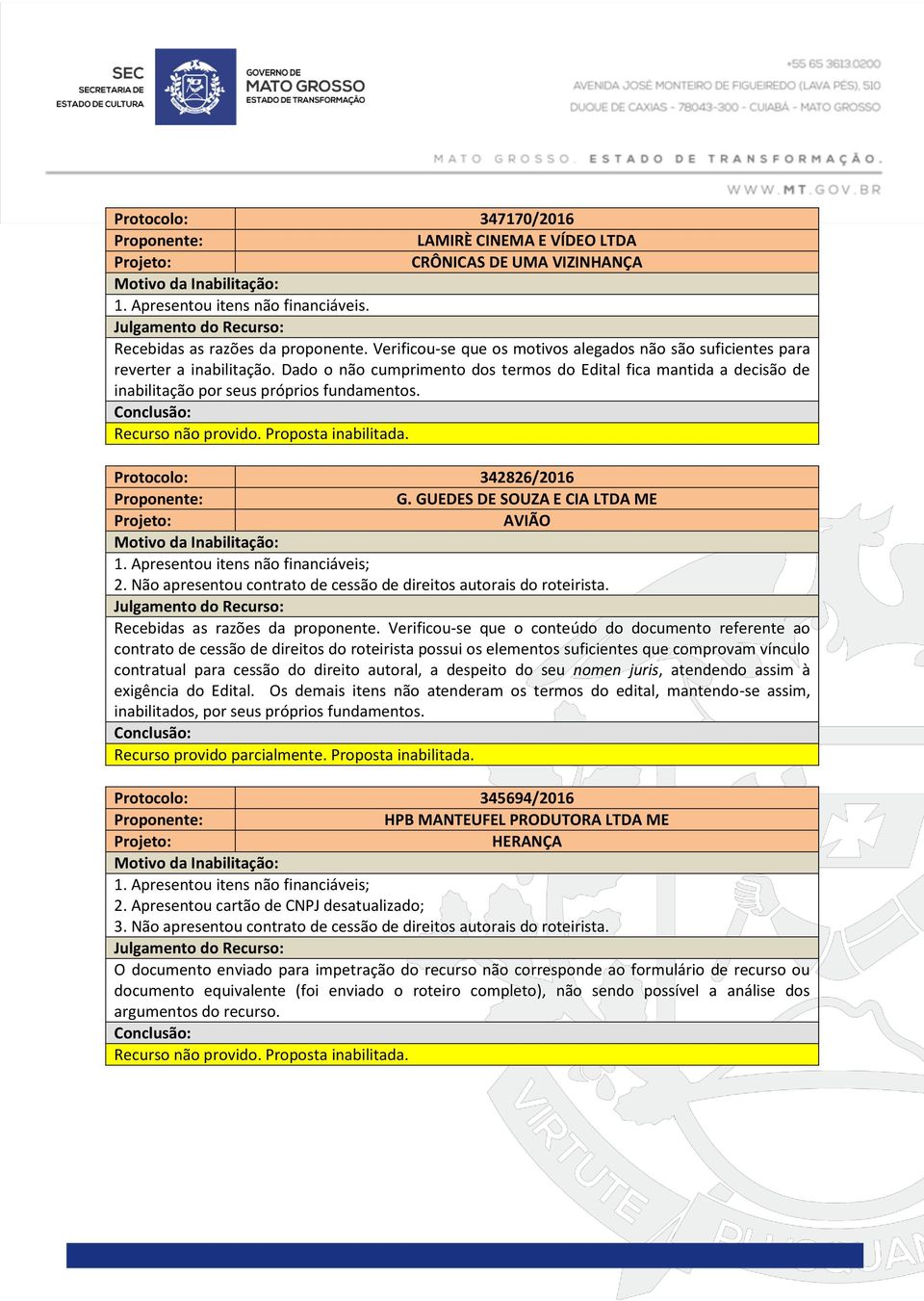 Os demais itens não atenderam os termos do edital, mantendo-se assim, inabilitados, por seus próprios fundamentos. Recurso provido parcialmente. Proposta inabilitada.