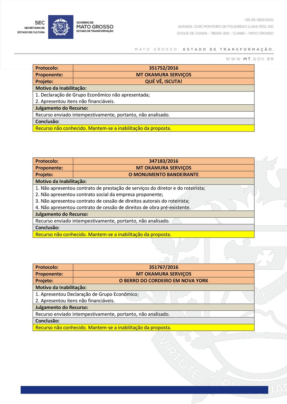 Não apresentou contrato de prestação de serviços do diretor e do roteirista; 2. Não apresentou contrato social da empresa proponente; 3.