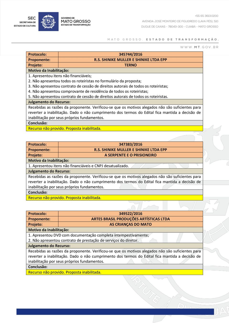 Não apresentou contrato de cessão de direitos autorais de todos os roteiristas. Protocolo: 347383/2016 R.S. SHINIKE MULLER E SHINIKE LTDA EPP A SERPENTE E O PRISIONEIRO 1.