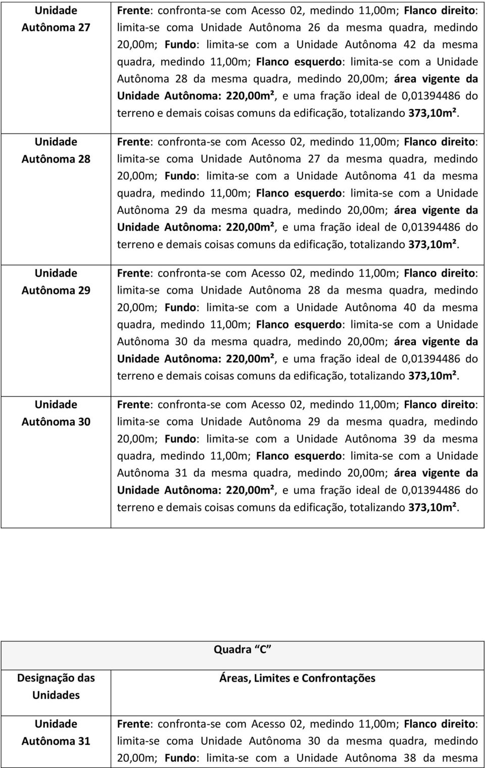 limita-se com a Autônoma 41 da mesma quadra, medindo 11,00m; Flanco esquerdo: limita-se com a Autônoma 29 da mesma quadra, medindo 20,00m; área vigente da Autônoma: 220,00m², e uma fração ideal de