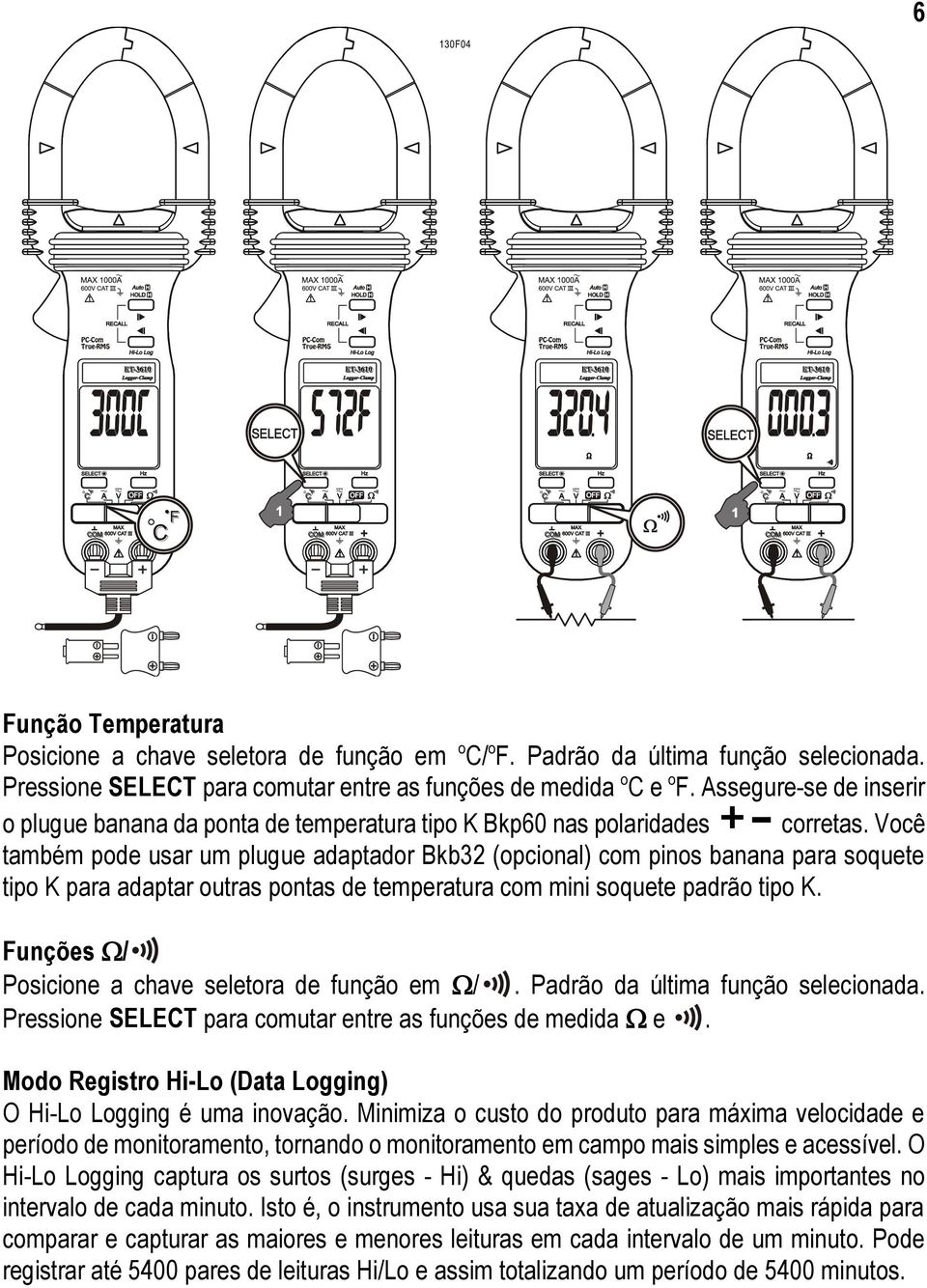 Você também pode usar um plugue adaptador Bkb32 (opcional) com pinos banana para soquete tipo K para adaptar outras pontas de temperatura com mini soquete padrão tipo K.