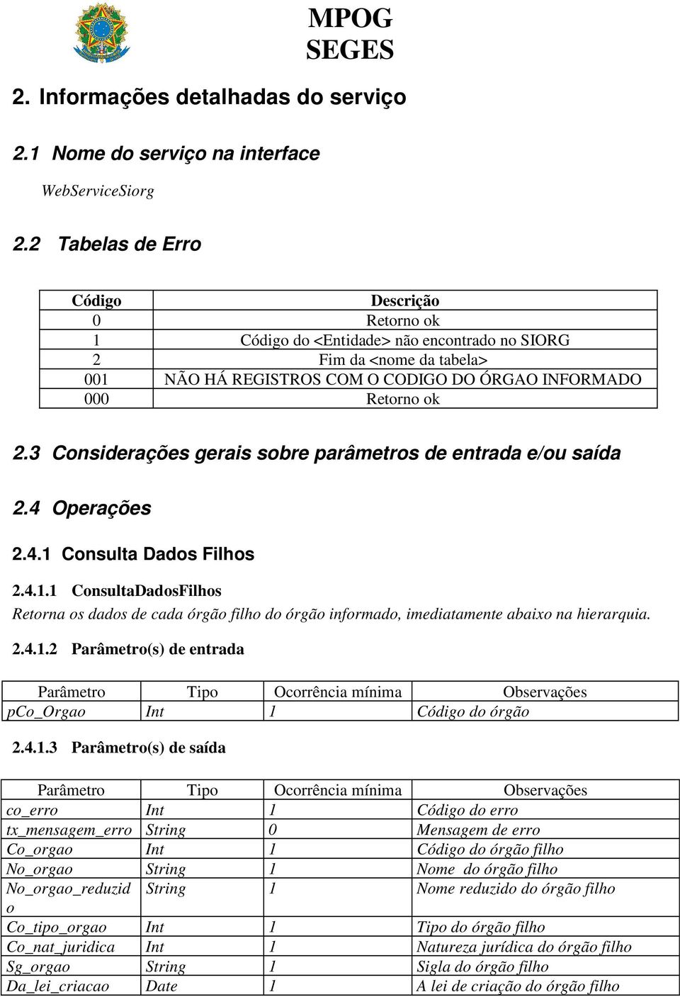 3 Considerações gerais sobre parâmetros de entrada e/ou saída 2.4 Operações 2.4.1 Consulta Dados Filhos 2.4.1.1 ConsultaDadosFilhos Retorna os dados de cada órgão filho do órgão informado, imediatamente abaixo na hierarquia.