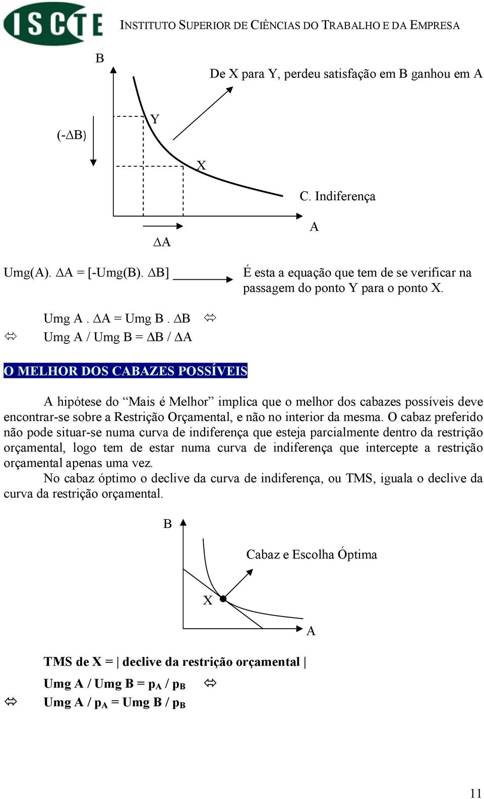 B Umg A / Umg B = ΔB / ΔA O MELHOR DOS CABAZES POSSÍVEIS A hipótese do Mais é Melhor implica que o melhor dos cabazes possíveis deve encontrar-se sobre a Restrição Orçamental, e não no interior da