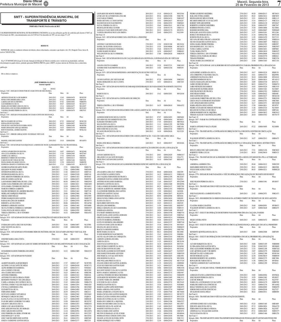 503 de 23 de dezembro de 1997, em seus artigos 5º e 24º RESOLVE NOTIFICAR, todos os condutores infratores de trânsito, abaixo relacionados, consoante o que dispõe o Art.
