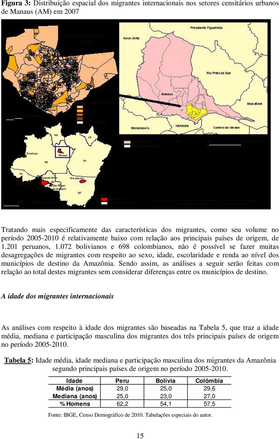 072 bolivianos e 698 colombianos, não é possível se fazer muitas desagregações de migrantes com respeito ao sexo, idade, escolaridade e renda ao nível dos municípios de destino da Amazônia.