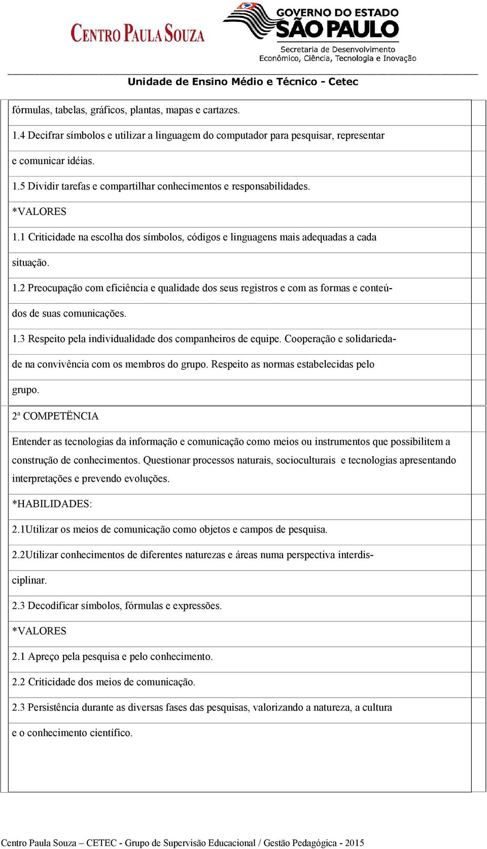 1.3 Respeito pela individualidade dos companheiros de equipe. Cooperação e solidariedade na convivência com os membros do grupo. Respeito as normas estabelecidas pelo grupo.