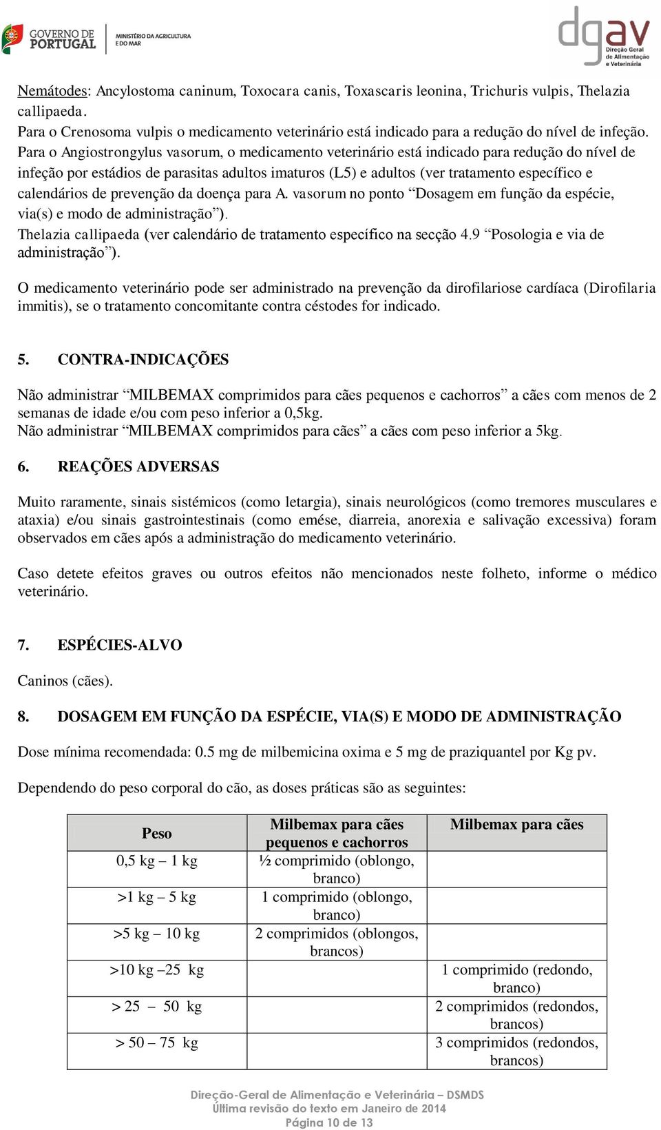 Para o Angiostrongylus vasorum, o medicamento veterinário está indicado para redução do nível de infeção por estádios de parasitas adultos imaturos (L5) e adultos (ver tratamento específico e