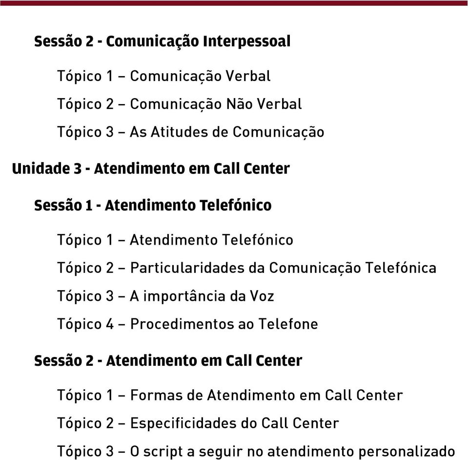 Comunicação Telefónica Tópico 3 A importância da Voz Tópico 4 Procedimentos ao Telefone Sessão 2 - Atendimento em Call Center Tópico