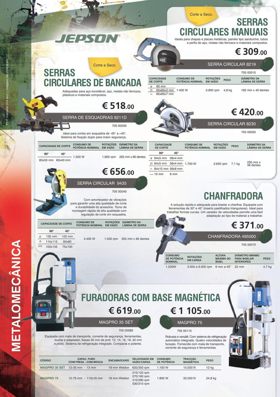 SERRAS CIRCULARES MANUAIS Ideais para chapas e placas metálicas, painéis tipo sanduíche, tubos e perfis de aço, metais não ferrosos e materiais compostos. CONSUMO DE POTÊNCIA NOMINAL 309.