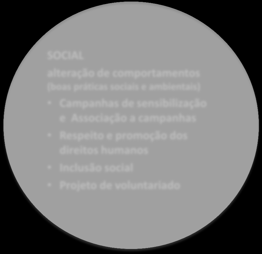 SUSTENTABILIDADE SOCIAL alteração de comportamentos (boas práticas sociais e ambientais) Campanhas de sensibilização e Associação a campanhas Respeito e promoção dos direitos humanos Inclusão social