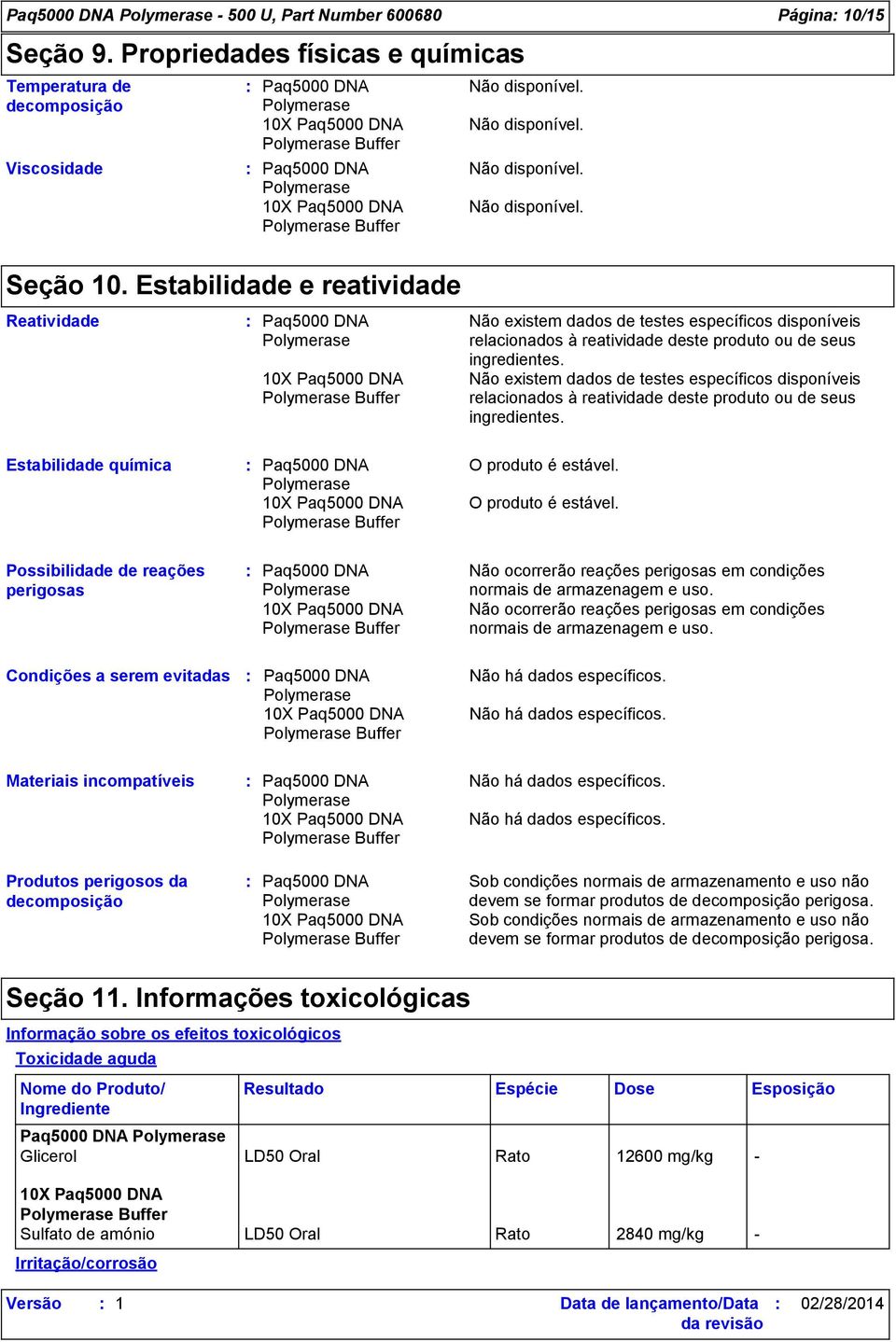 Não existem dados de testes específicos disponíveis relacionados à reatividade deste produto ou de seus ingredientes. Estabilidade química O produto é estável.