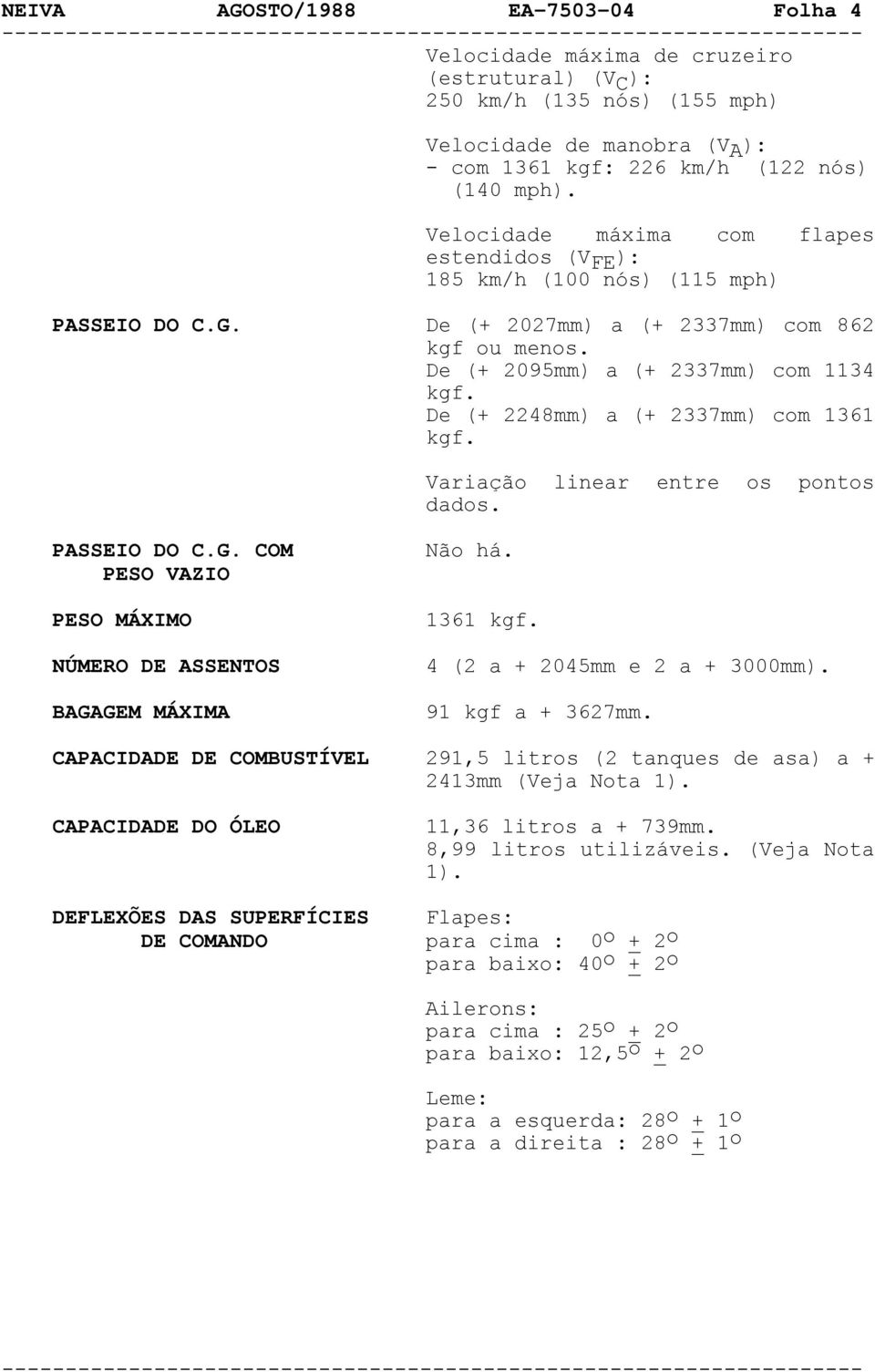 De (+ 2248mm) a (+ 2337mm) com 1361 kgf. Variação linear entre os pontos dados. PASSEIO DO C.G. COM PESO VAZIO PESO MÁXIMO NÚMERO DE ASSENTOS BAGAGEM MÁXIMA Não há. 1361 kgf. 4 (2 a + 2045mm e 2 a + 3000mm).