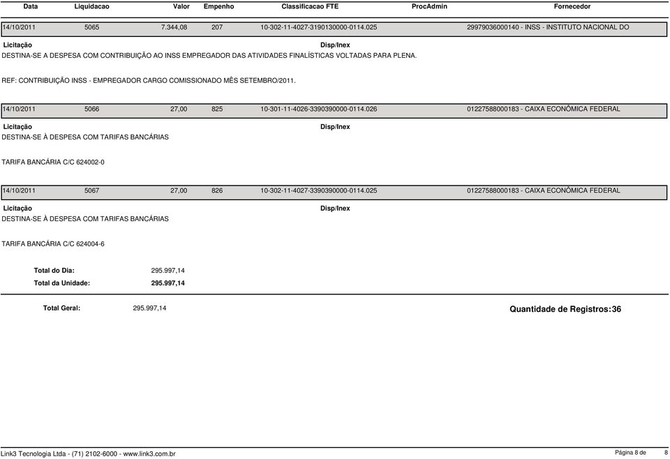 REF: CONTRIBUIÇÃO INSS - EMPREGADOR CARGO COMISSIONADO MÊS SETEMBRO/2011. 14/10/2011 5066 27,00 25 10-301-11-4026-3390390000-0114.