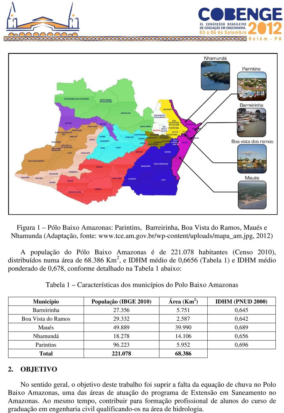 386 Km 2, e IDHM médio de 0,6656 (Tabela 1) e IDHM médio ponderado de 0,678, conforme detalhado na Tabela 1 abaixo: Tabela 1 Características dos municípios do Polo Baixo Amazonas Município População