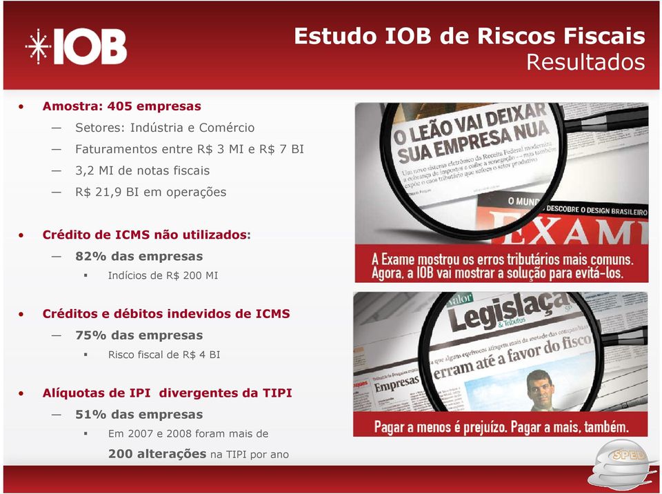 das empresas Indícios de R$ 200 MI Créditos e débitos indevidos de ICMS 75% das empresas Risco fiscal de R$ 4