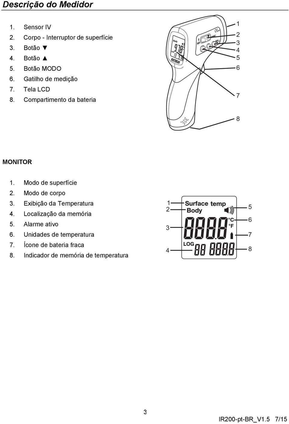 Modo de superfície 2. Modo de corpo 3. Exibição da Temperatura 4. Localização da memória 5.