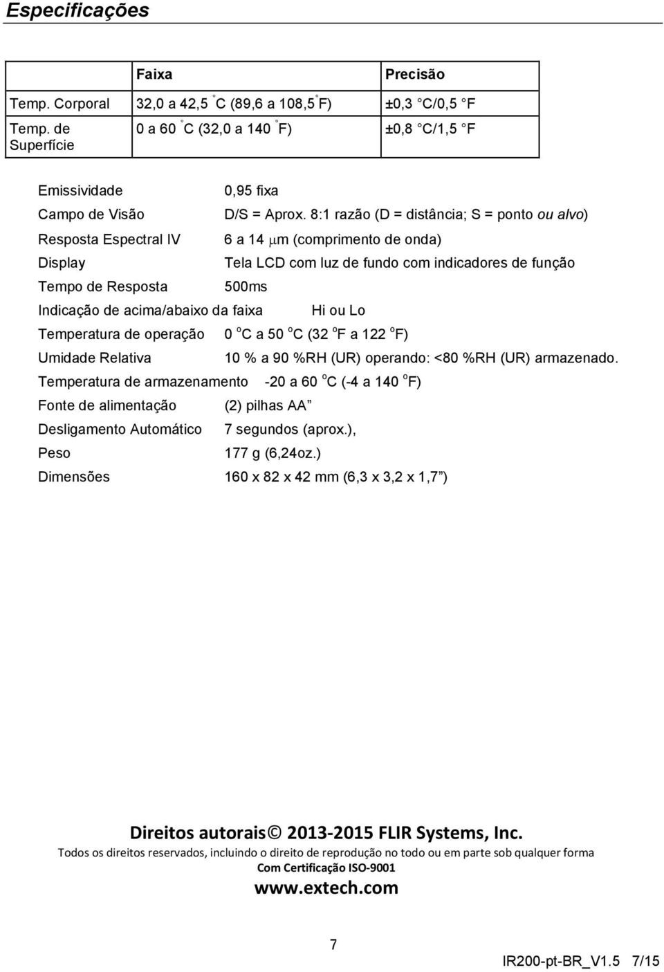 acima/abaixo da faixa Hi ou Lo Temperatura de operação 0 o C a 50 o C (32 o F a 122 o F) Umidade Relativa 10 % a 90 %RH (UR) operando: <80 %RH (UR) armazenado.