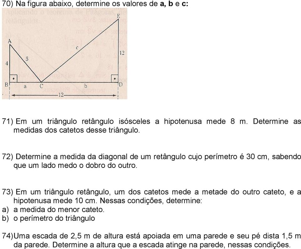 72) Determine a medida da diagonal de um retângulo cujo perímetro é 30 cm, sabendo que um lado medo o dobro do outro.