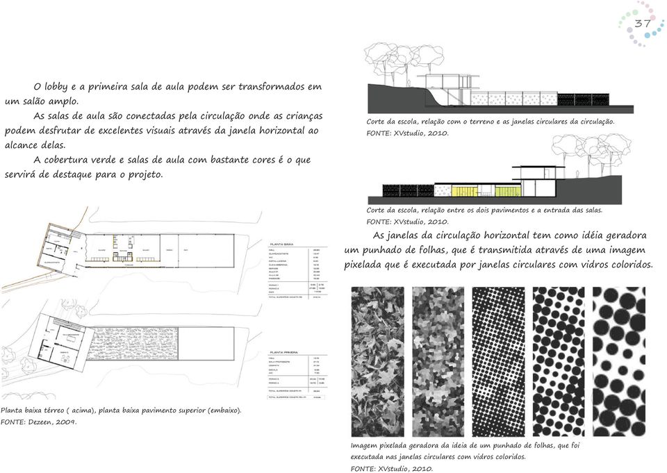 A cobertura verde e salas de aula com bastante cores é o que servirá de destaque para o projeto. Corte da escola, relação com o terreno e as janelas circulares da circulação. FONTE: XVstudio, 2010.