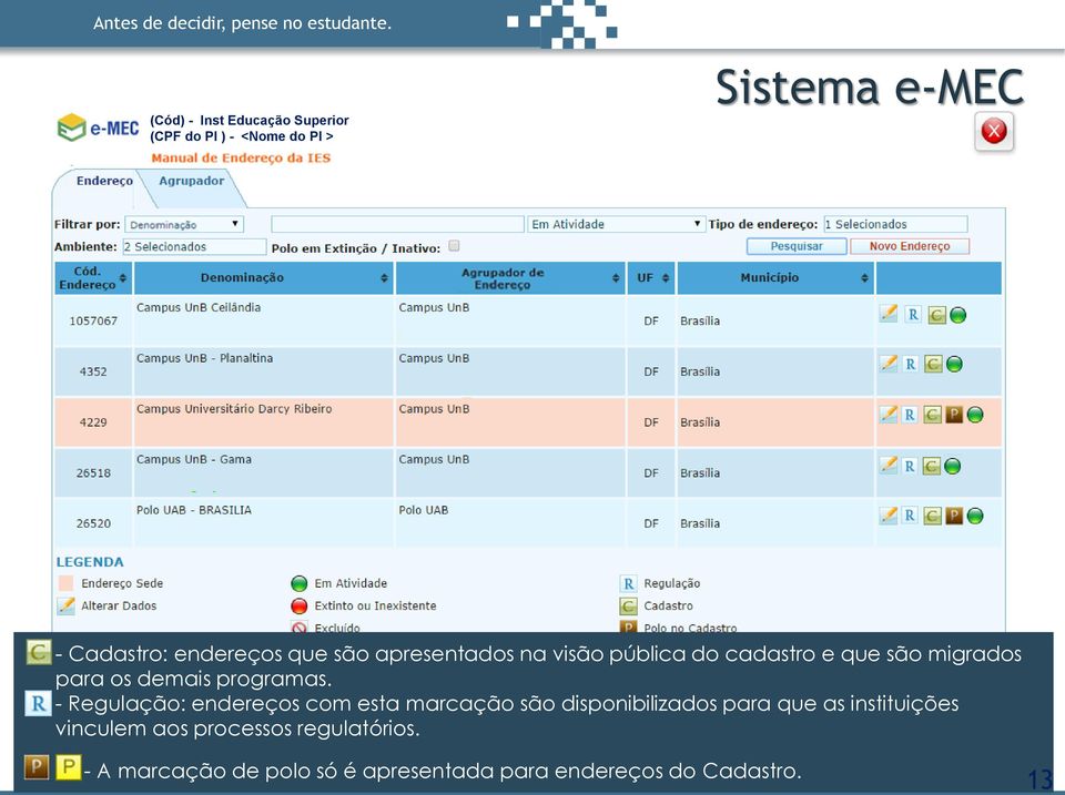 - Regulação: endereços com esta marcação são disponibilizados para que as instituições vinculem