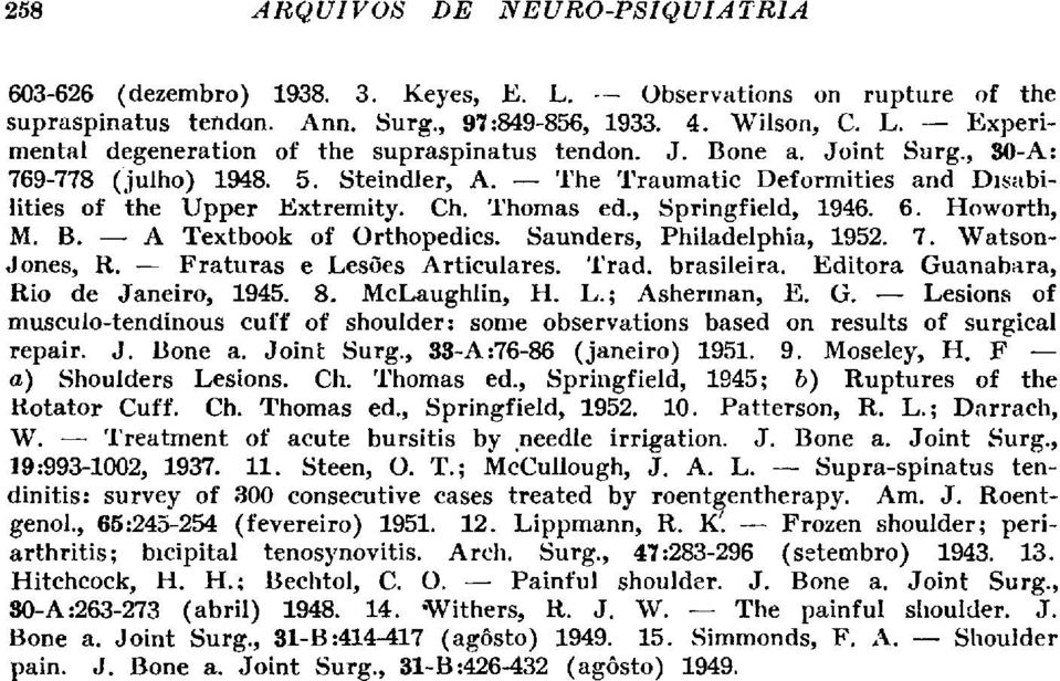 A Textbook of Orthopedics. Saunders, Philadelphia, 1952. 7. Watson- Jones, R. Fraturas e Lesões Articulares. Trad, brasileira. Editora Guanabara, Rio de Janeiro, 1945. 8. McLaughlin, H. L.; Asherman, E.