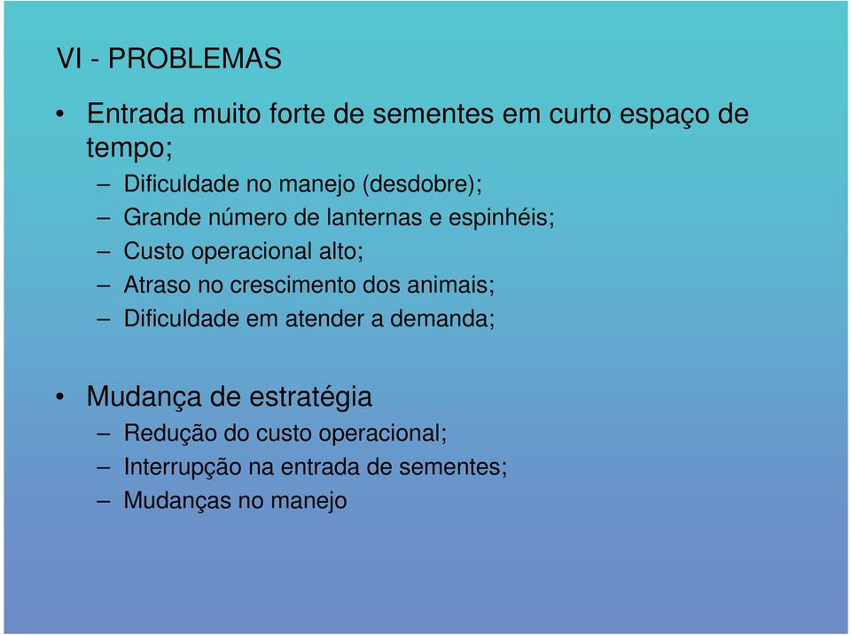 Atraso no crescimento dos animais; Dificuldade em atender a demanda; Mudança de