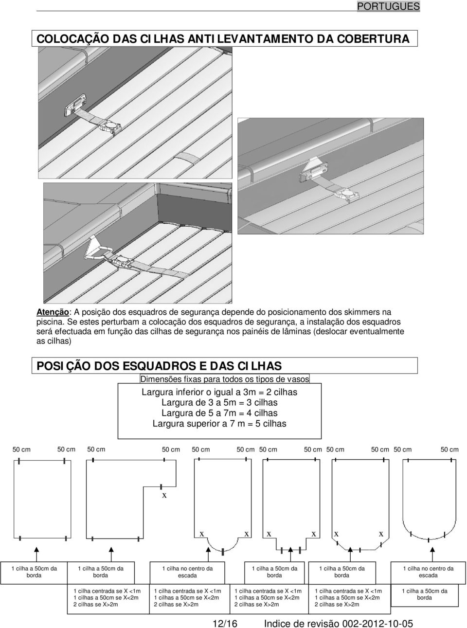 POSIÇÃO DOS ESQUADROS E DAS CILHAS Dimensões fixas para todos os tipos de vasos Largura inferior o igual a 3m = 2 cilhas Largura de 3 a 5m = 3 cilhas Largura de 5 a 7m = 4 cilhas Largura superior a 7