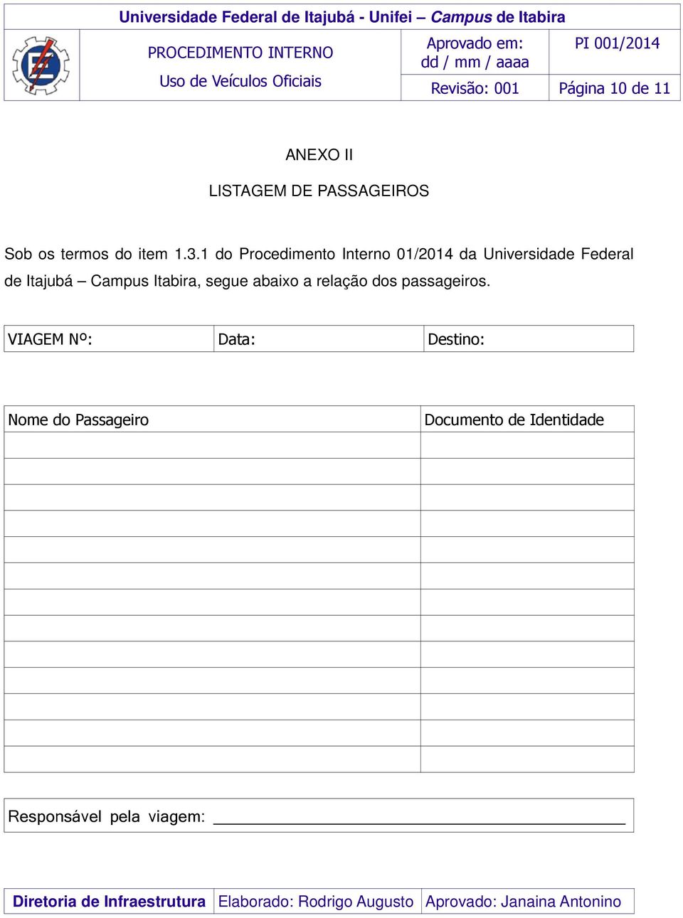 1 do Procedimento Interno 01/2014 da Universidade Federal de Itajubá Campus