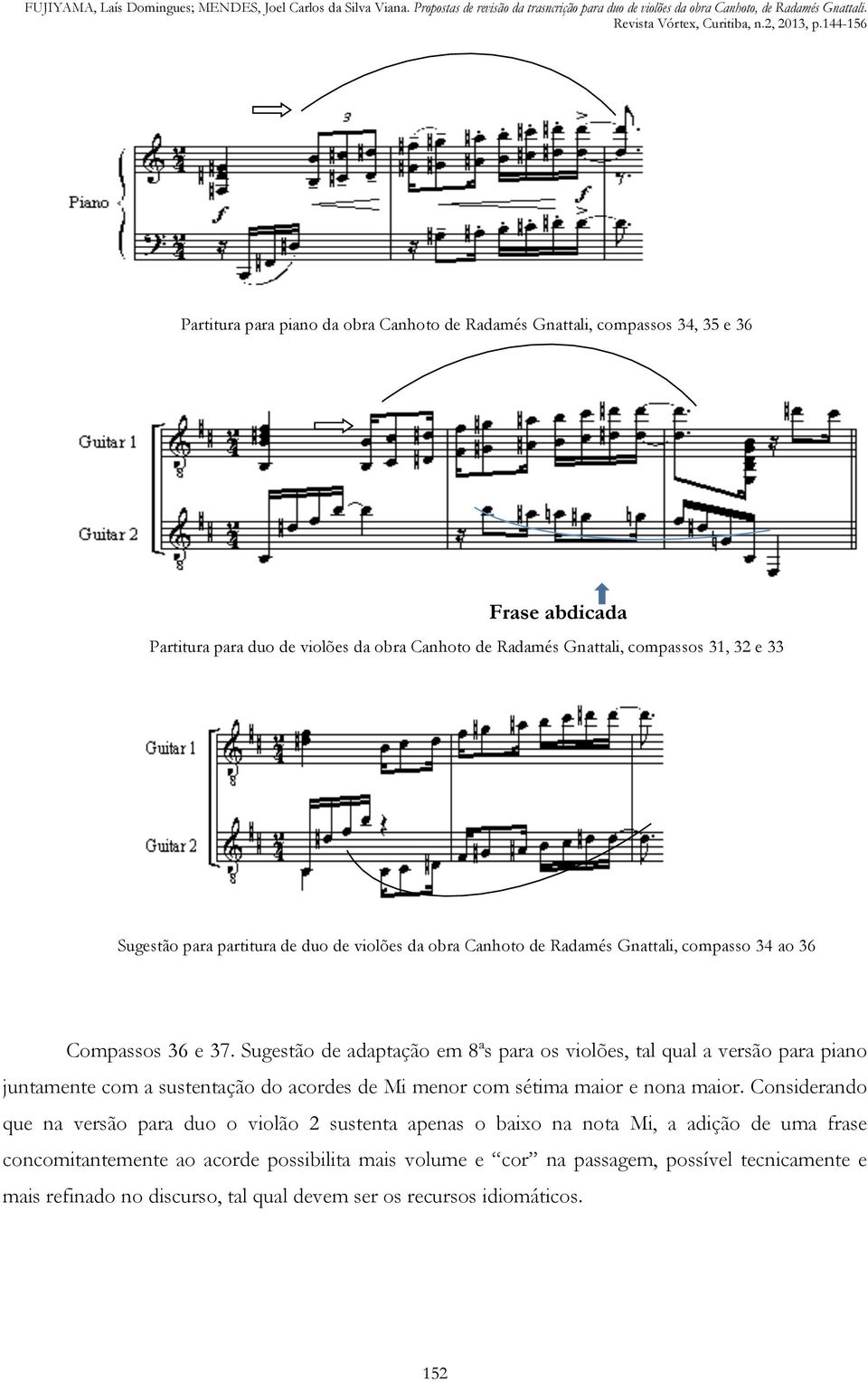 Sugestão de adaptação em 8ªs para os violões, tal qual a versão para piano juntamente com a sustentação do acordes de Mi menor com sétima maior e nona maior.