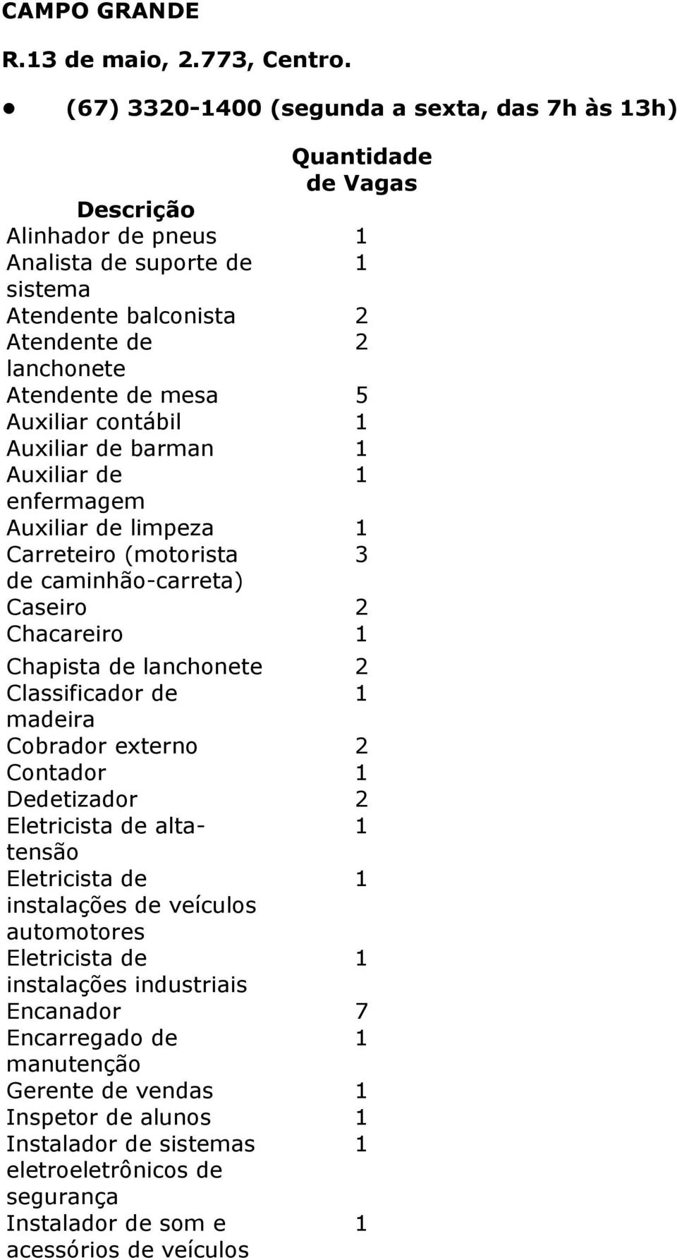 mesa 5 Auxiliar contábil Auxiliar de barman Auxiliar de enfermagem Auxiliar de limpeza Carreteiro (motorista 3 de caminhão-carreta) Caseiro 2 Chacareiro Chapista de lanchonete 2