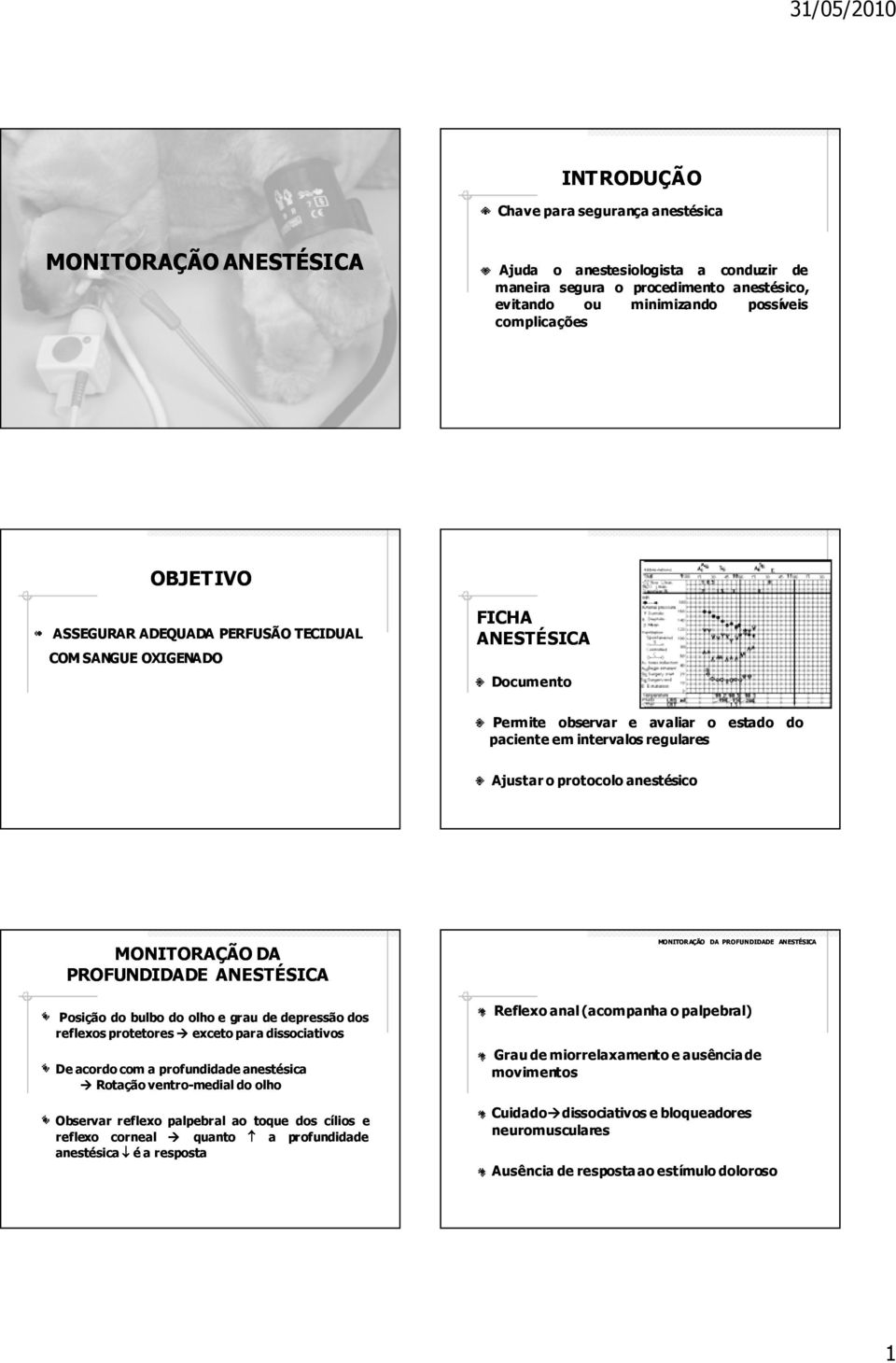 MONITORAÇÃO DA PROFUNDIDADE ANESTÉSICA Posição do bulbo do olho e grau de depressão dos reflexos protetores exceto para dissociativos De acordo com a profundidade anestésica Rotação ventro-medial do