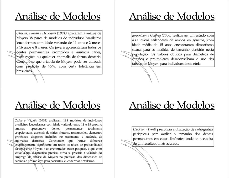 Concluiu-se que a tbl tabela de Moyers pode ser utilizada com predição de 75%, com certa tolerância em brasileiros.