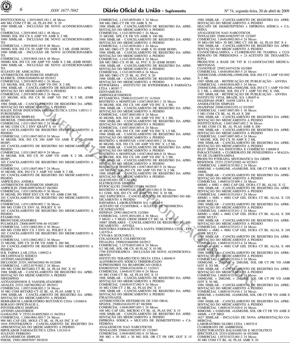 SIMILAR - INCLUSÃO DE NOVO ACONDICIONAMEN- TO COMERCIAL 120190045184-6 48 Meses 300MG SOL INJ CX 100 AMP VD AMB X 2 ML (EMB HOSP) 1980 SIMILAR - INCLUSÃO DE NOVO ACONDICIONAMEN- TO SULFATO DE