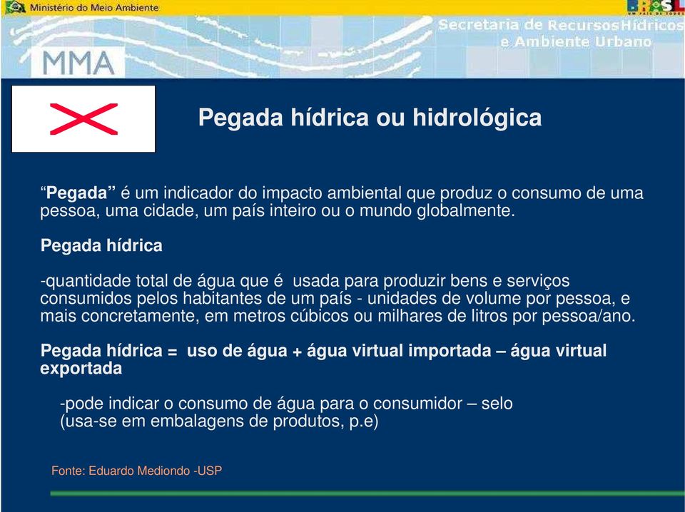 Pegada hídrica -quantidade total de água que é usada para produzir bens e serviços consumidos pelos habitantes de um país - unidades de volume por