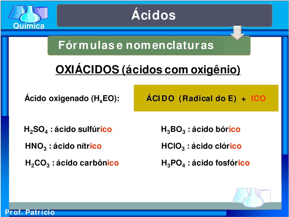 ácido sulfúrico HNO 3 : ácido nítrico H 2 CO 3 : ácido carbônico H