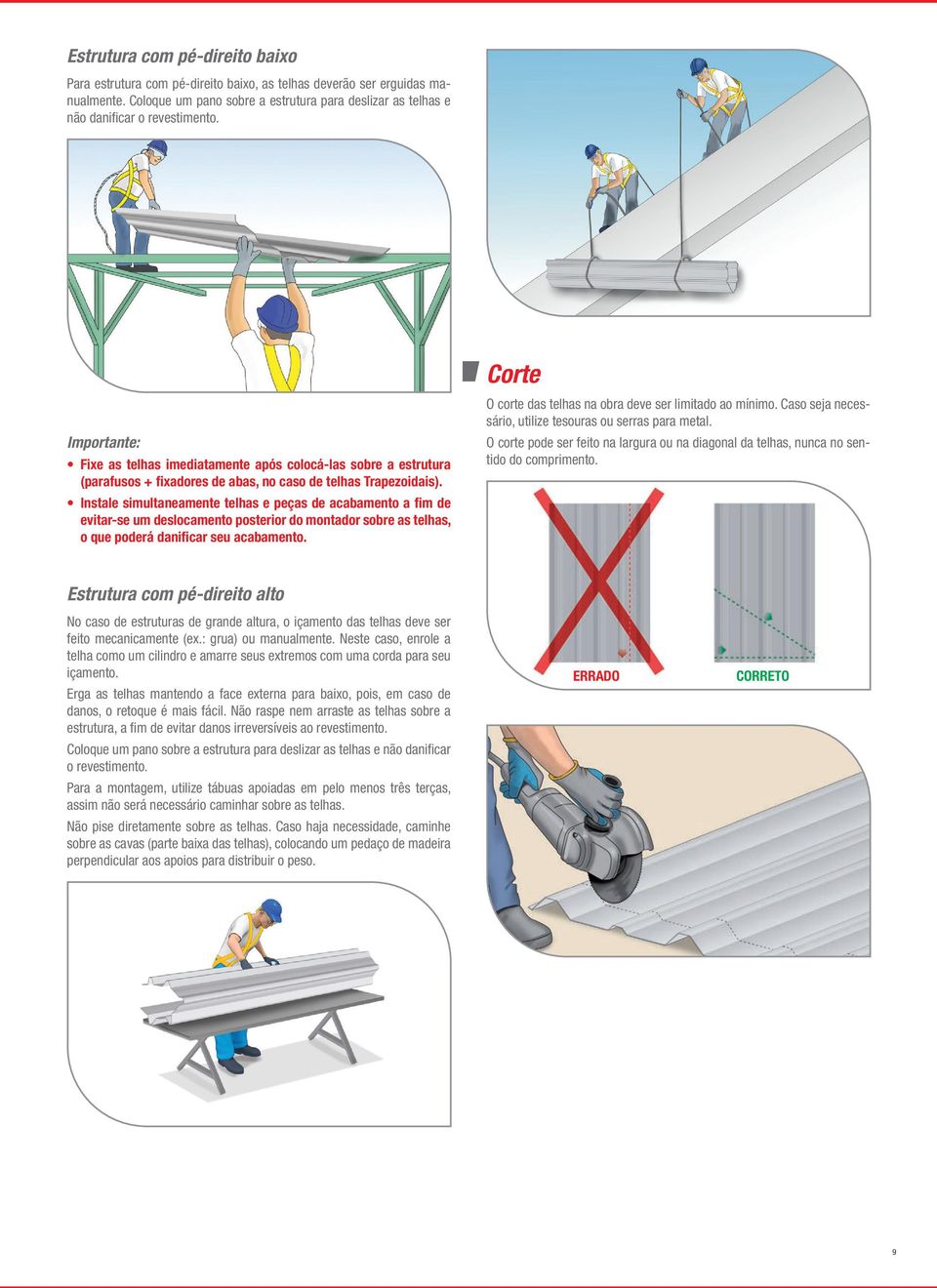 Importante: Fixe as telhas imediatamente após colocá-las sobre a estrutura (parafusos + fixadores de abas, no caso de telhas Trapezoidais).