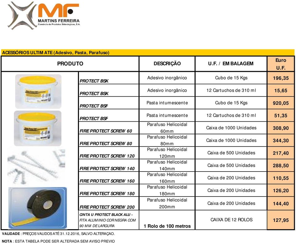 PROTECT BSK Adesivo inorgânico Cubo de 15 Kgs 196,35 PROTECT BSK Adesivo inorgânico 12 Cartuchos de 310 ml 15,65 PROTECT BSF Pasta intumescente Cubo de 15 Kgs 920,05 PROTECT BSF FIRE PROTECT SCREW 60