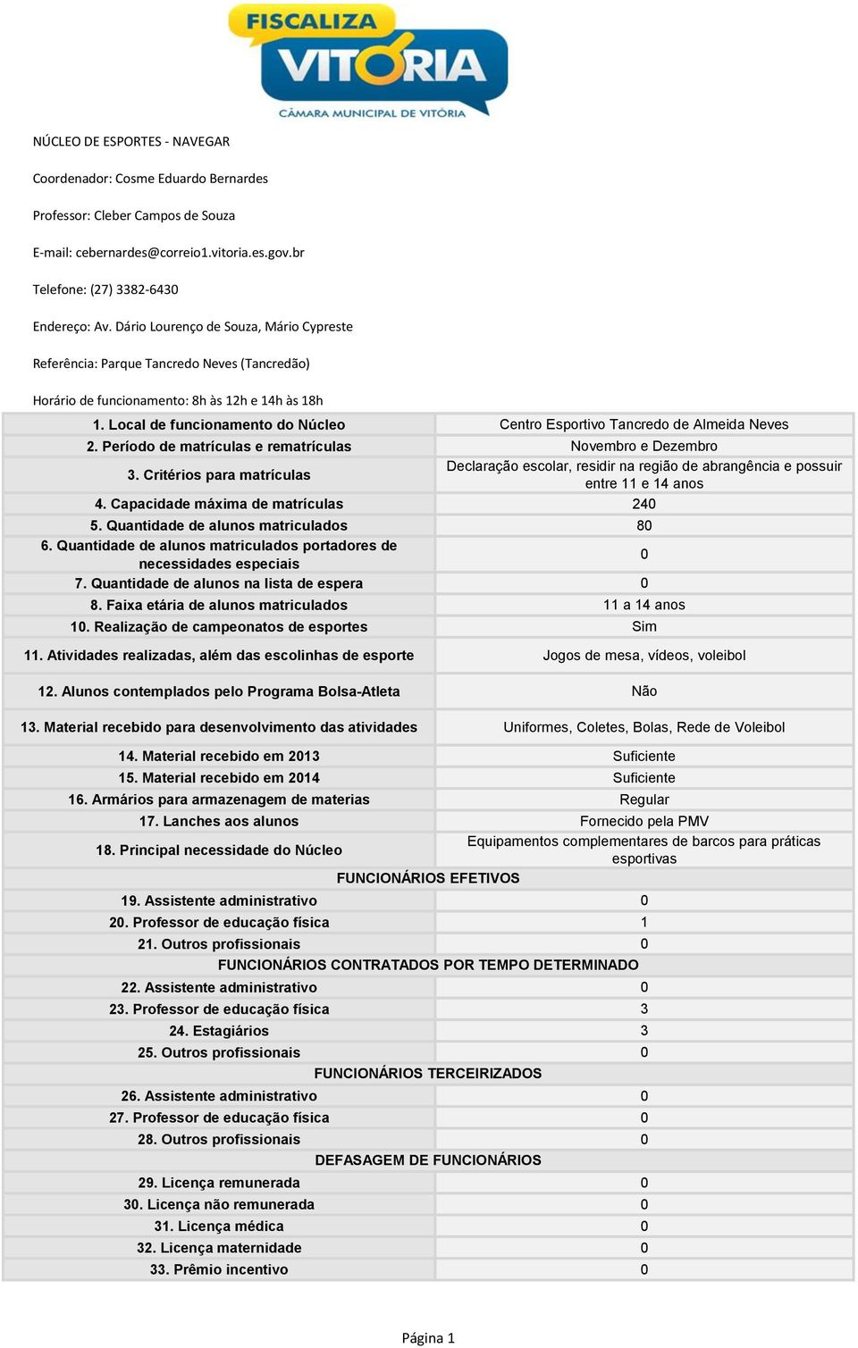 Local de funcionamento do Núcleo Centro Esportivo Tancredo de Almeida Neves 2. Período de matrículas e rematrículas Novembro e Dezembro 3.