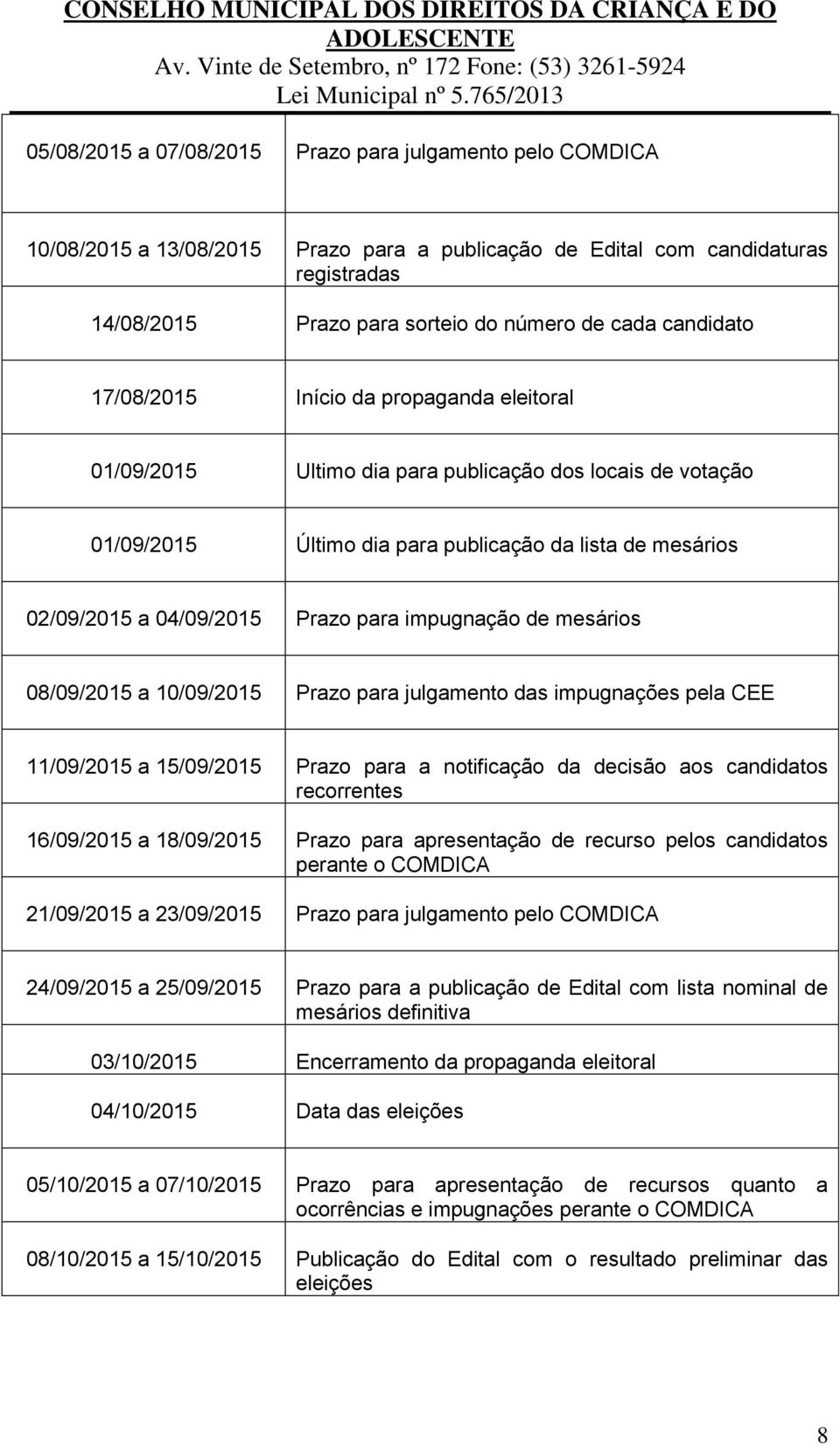 Prazo para impugnação de mesários 08/09/2015 a 10/09/2015 Prazo para julgamento das impugnações pela CEE 11/09/2015 a 15/09/2015 Prazo para a notificação da decisão aos candidatos recorrentes