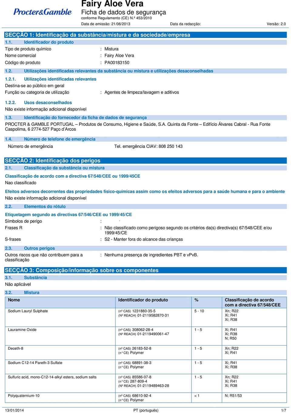 2.1. Utilizações identificadas relevantes Destina-se ao público em geral Função ou categoria de utilização : Agentes de limpeza/lavagem e aditivos 1.2.2. Usos desaconselhados 1.3.