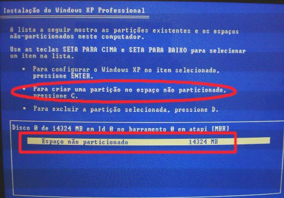 instalação windows Agora não há nenhuma partição criada no Espaço não particionado, para cria a partição C:, onde será a instalado o Windows pressione a letra C.