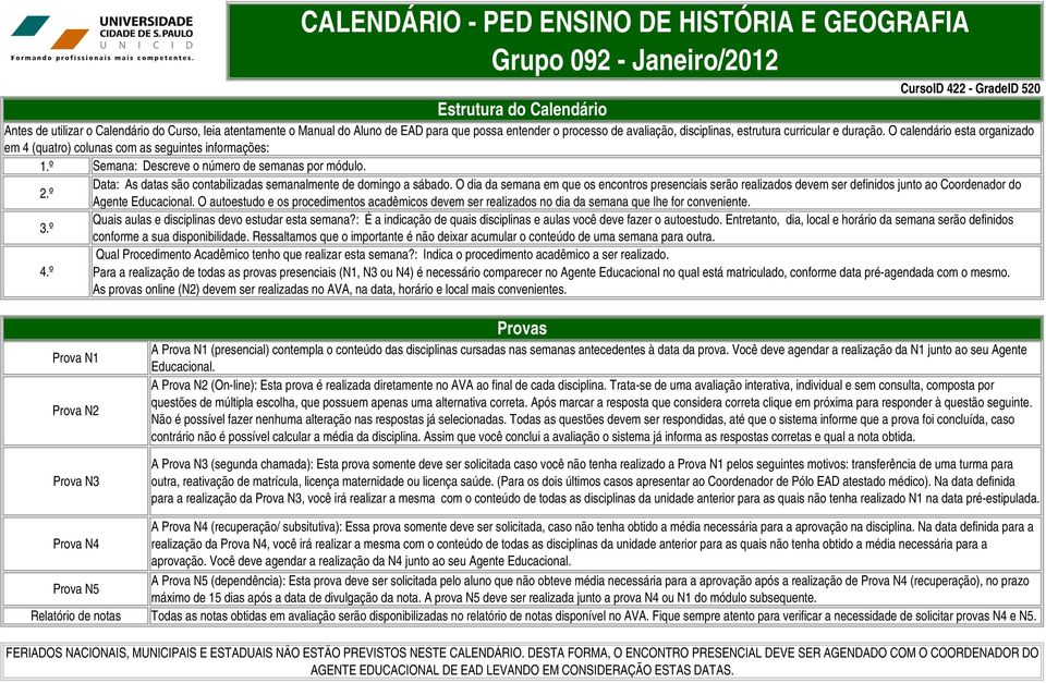 º Semana: Descreve o número de semanas por módulo. Data: As datas são contabilizadas semanalmente de domingo a sábado.