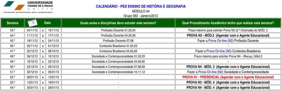 º 02/12/12 a 08/12/12 Contextos Brasileiros 04,05,06 Fazer a Prova On-line (N2) Contextos Brasileiros 48.