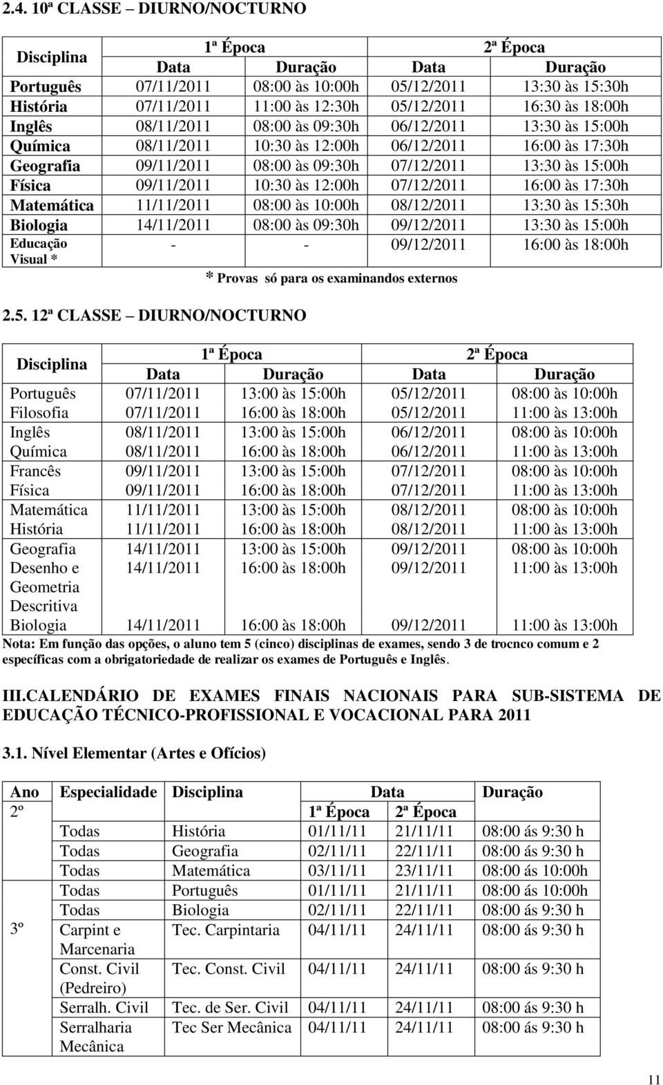 15:00h Física 09/11/2011 10:30 às 12:00h 07/12/2011 16:00 às 17:30h Matemática 11/11/2011 08:00 às 10:00h 08/12/2011 13:30 às 15:30h Biologia 14/11/2011 08:00 às 09:30h 09/12/2011 13:30 às 15:00h - -