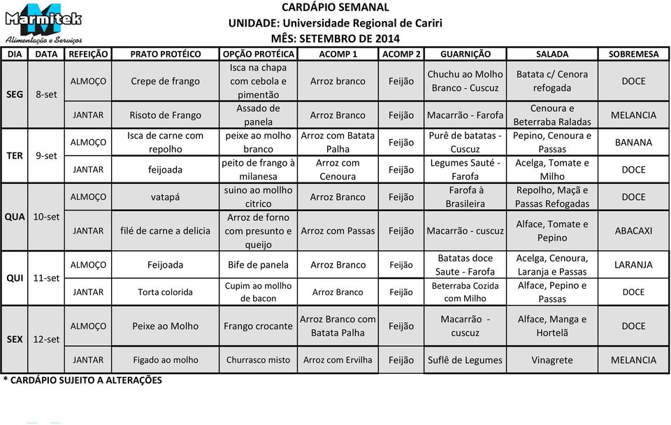 Palha Passas 9-set peito de frango à Arroz com Legumes Sauté - Acelga, e feijoada milanesa Cenoura Milho 10-set 11-set vatapá filé de carne a delicia suino ao mollho citrico Arroz de forno com