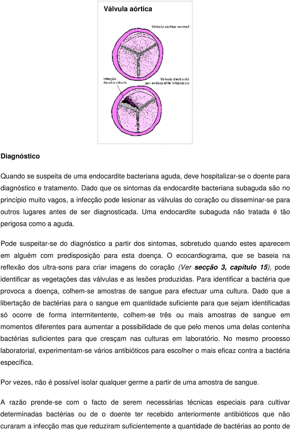 Uma endocardite subaguda não tratada é tão perigosa como a aguda. Pode suspeitar-se do diagnóstico a partir dos sintomas, sobretudo quando estes aparecem em alguém com predisposição para esta doença.